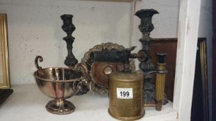 A pair of Victorian silver plate on pewter candlesticks and a brass blow lamp