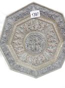 A 19th century Indian cast brass plaque with numerous cast copper applied figures,
