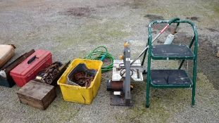 A bench saw & boxes of tools etc.