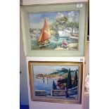 2 framed paintings 'harbour scene' etc.