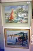 2 framed paintings 'harbour scene' etc.