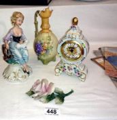 A figurine, clock & 2 other items