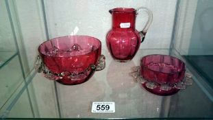 3 items of cranberry glassware