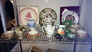 A quantity of miscellaneous plates, teapots & oil lamp etc.