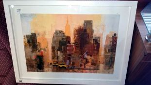 A framed & glazed print 'New Yorker & Cabs' by Colin Ruffell