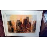 A framed & glazed print 'New Yorker & Cabs' by Colin Ruffell