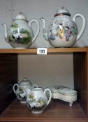 2 Japanese teapots, milk jug, sugar bowl & a 'piano' trinket box