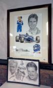 A framed & glazed car print, Damon Hill & a football print