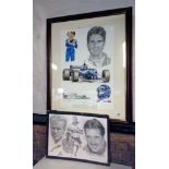 A framed & glazed car print, Damon Hill & a football print