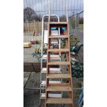 A set of wooden step ladders & aluminium steps