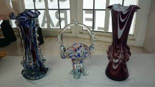 2 art glass vases & an art glass basket