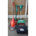 A Flymo 'Minimow' Black & Decker lawn raker & strimmer