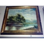 A framed painting on canvas 'lake scene'