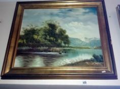 A framed painting on canvas 'lake scene'