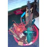 A crate of tools, hedge trimmer & saws etc.