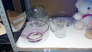 A cut glass jug, bowl & glass set & 2 other glass bowls