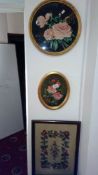 2 gilt framed oval flower pictures & 1 other