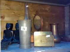 2 copper frying pans, book ends & oil lamp etc.