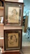 2 framed & glazed pencil drawings/pictures of a lady & young girl a/f