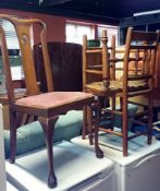 A pair of oak chairs with rusty seats & 1 other