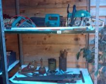 A quantity of tools including hedge trimmer & saws etc. (2 shelves)