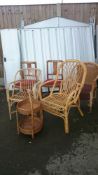 2 dining chairs, 5 wicker chairs and a wicker stand