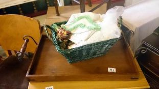 A teak tray a/f & a basket of linen