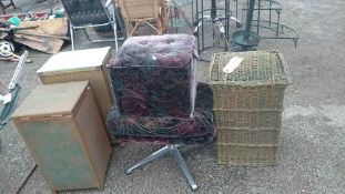 2 linen baskets, bedside cupboard & stools