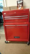 A red metal 5 drawer tool cabinet & contents including sockets & screwdrivers etc.