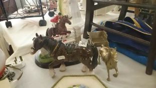 A brass horse & cart & 2 other horses