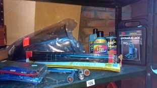 A quantity of car related items including hydraulic jack etc.