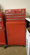 A red metal 3 drawer tool cabinet & contents