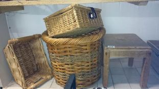 3 wicker baskets & a small table
