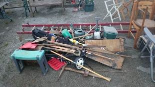 Large quantity of tools, ladder, garden items etc