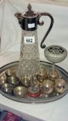 A cut glass decanter & quantity of silver plate items