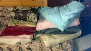 A quantity of blankets, candlewick blankets & cushions etc.