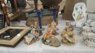 6 gypsy Leonardo figurines & 2 twisted blue glass candlesticks signed Kai Koppel