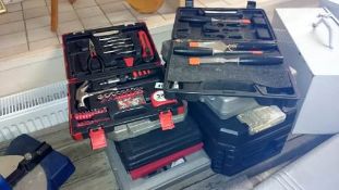 A quantity of cased tool sets including tap/die, drill bits & spanners etc.