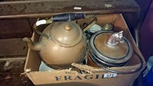A box of miscellaneous including copper kettle