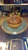 A large wooden bowl with liner & 2 others