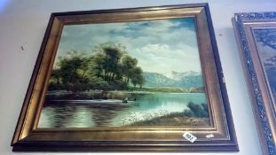 An oil on canvas lake scene