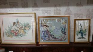 2 framed and glazed tapestries and an embroidery