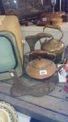 A copper kettle, brass kettle, shoe lasts etc