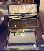 An old mirror, tray & cased carving set
