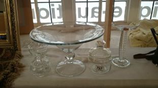 A footed glass bowl, A Royal Doulton glass stand and 3 other glass items