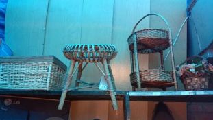 A wicker stool, box & 2 other items