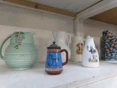 5 old jugs including 1 with pewter lid,
