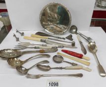 A silver plated card tray and a collection of assorted cutlery including sifter spoons