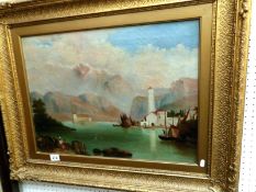 An oil on canvas Italian lakes scene, signed but indistinct, approx.