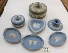 A green Wedgwood Jasper Ware powder bowl and 6 items of Wedgwood blue Jasper ware